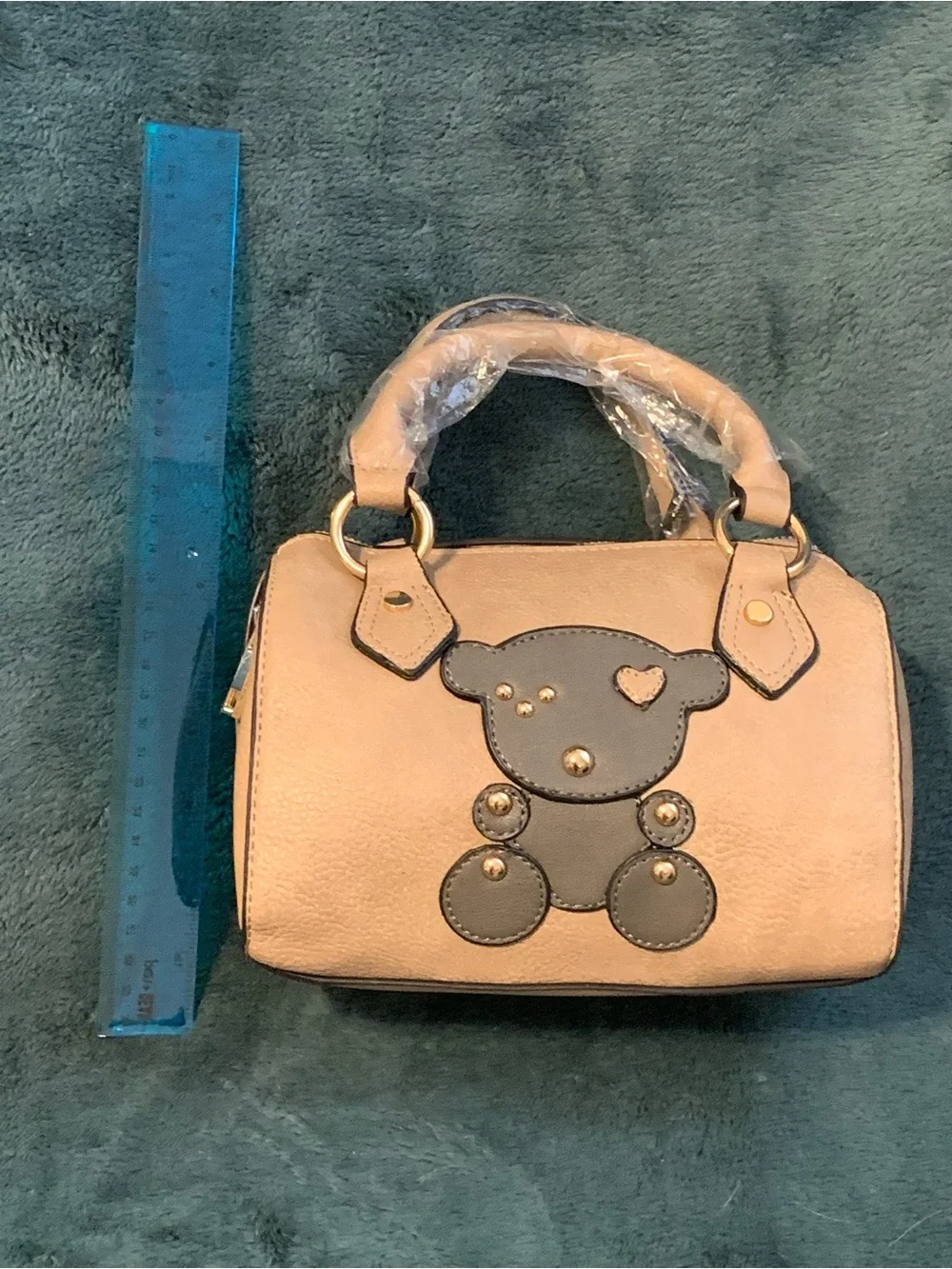 Beige Teddy Applique Satchel Handbag with Wristlet and Strap